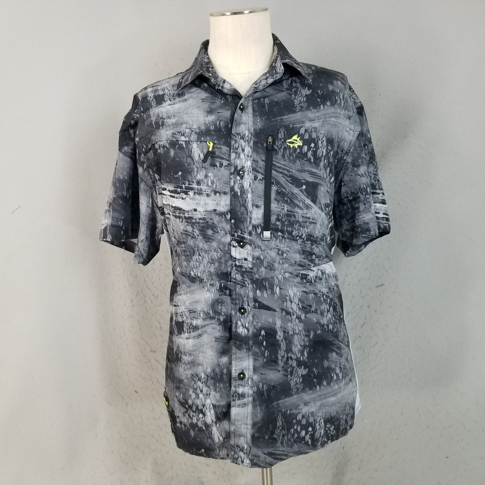 Loco Skailz Fishing Shirt Mens L Grey Abstract Camo Short Sleeve Button Up Mesh